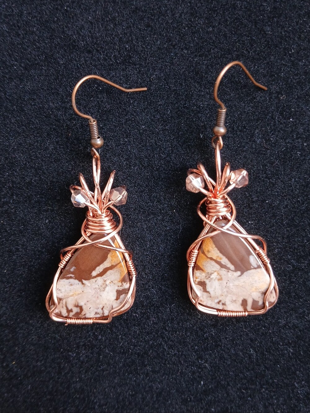 Copper wire wrapped brown tan outback Jasper dangle earrings handmade new